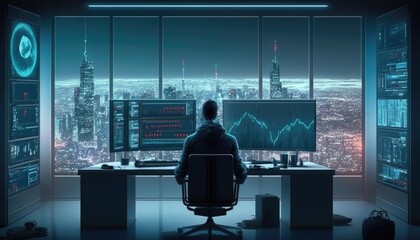 A man sitting at a desk in front of a computer monitor in a room with a city view cyberpunk style cyberpunk art computer art