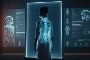 Poster - A woman standing in front of a display of skeleton images in a museum of human anatomy anatomy a hologram holography
