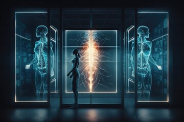 Poster - A woman standing in front of a glass door with a glowing image of a human body biopunk a hologram holography