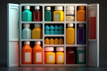 Poster - A refrigerator with a bunch of bottles of different colors in it's door open 3 d render an ambient occlusion render neoplasticism