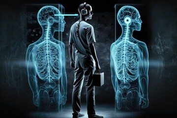 Poster - A man standing in front of a blue x - ray image of a human body biopunk cyberpunk art holography