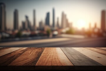 Poster - A wooden table top with a blurry city in the background of the image in the foreground city background a 3d render minimalism
