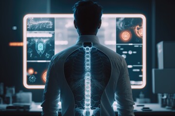 Poster - A man in a white shirt is looking at a computer screen with a skeleton in the back biopunk a hologram holography