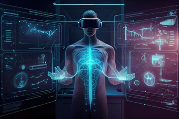 Poster - A man in virtual reality is standing in front of a display of technology and information cybernetics a hologram futurism