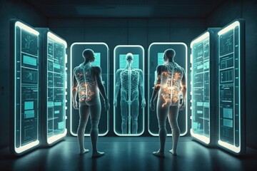 Poster - Two people standing in a room with a skeleton in the middle of the room and a glowing light in the middle of the room biopunk a hologram neoplasticism