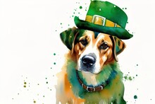 Watercolor Illustration Of A Dog Wearing A Green Hat For St. Patrick's Day, Ireland's National Holiday Of Wealth And Good Fortune. Generative AI.