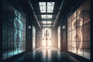 Poster - A hallway with a skeleton in the window and a skeleton in the doorway with a skeleton in the window anatomical cyberpunk art neoplasticism