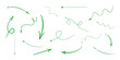 Ręcznie rysowane strzałki w zielonym kolorze. Zestaw wektorowych strzałek wskazujących różne kierunki: dół, prawo, lewo, góra. Strzałki proste, krzywe, łamane, zakręcone.