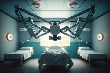 Poster - A hospital room with a bed and a hospital chair in it and a window with lights cybernetics a stock photo neoplasticism