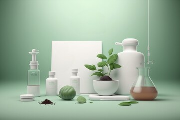 Poster - A green background with a picture frame bottles and a plant in a vase octane renderer an ambient occlusion render photorealism