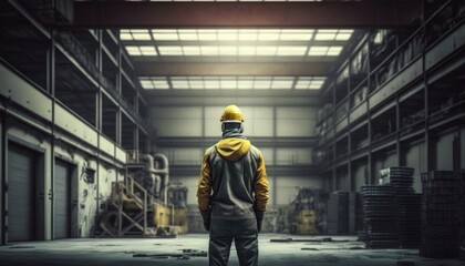 A man in a yellow and black jacket is standing in a warehouse with a yellow helmet highly detailed digital painting a stock photo assemblage