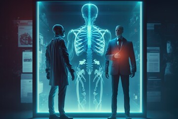 Poster - Two men in suits looking at a skeleton in a museum display case with a glowing light anatomical a hologram holography