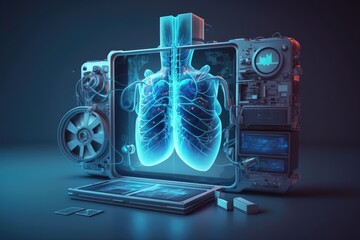 Poster - A computer with a human body in the screen and a laptop on the table with a keyboard biopunk computer graphics computer art