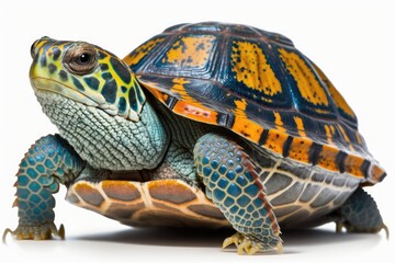 Poster - mature eastern box turtle in close up focus stacking image against a white background. generative ai