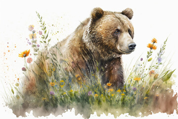 watercolor painting of a peaceful brown bear in a colorful flower field. ideal for art print, greeti