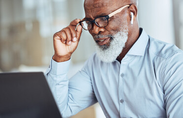 Aufkleber - Black man, earphones or glasses for laptop video call, conference meeting or webinar for training, workshop or presentation. Vision, confused or mature businessman on technology broadcast with doubt