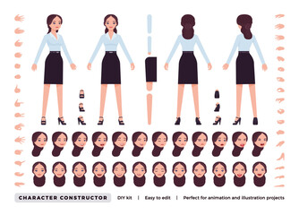 Wall Mural - Businesswoman DIY character constructor. Office girl figure parts. Head, leg, hand gestures, female manager different emotions. Vector flat style cartoon construction kit isolated on white background