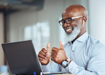 Thumbs up, laptop and African businessman on online meeting or virtual discussion in his office. Happy, success and senior male manager with approve gesture on video call with computer in workplace.