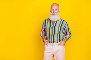 Sticker - Portrait of nice positive handsome old man with long beard wear colorful shirt arms in pockets isolated on yellow color background