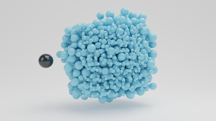 Poster - 3d rendering of an array of blue balls of different sizes and one black one to the side. the idea of