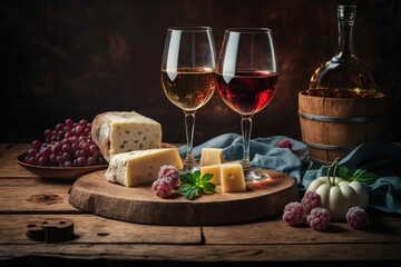 Poster - On a wooden table with a shallow depth of field are two glasses of rose wine and a board laden with fruits, bread, and cheese. Generative AI