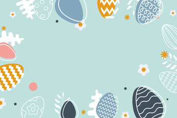 happy easter banner in modern minimal style with eggs, flowers, and dots. good for greeting card, ba