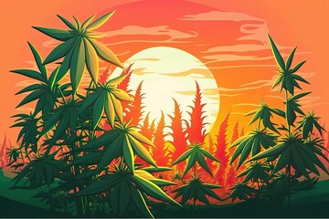 Wall Mural - Marijuana or cannabis plants basking in the sun before harvest. Plant grown in the shadows of nature. Colors of the setting sun are warm. Generative AI