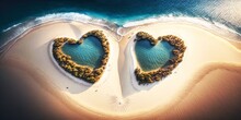 Holidays. Two Lagoons, Islands, In Shape Of Hearts. Wedding, Love And Travelling Concept. Ai Image Made With Love. 