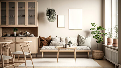 Open, luxuries living and dining area includes a sofa and a family table. Minimal setting, råoom with indoor plants, natural lights coming through windows with blank photoframes. Generative AI.