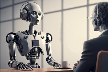 Poster - A robot waiting in a modern office for a job interview. Ai artificial intelligence technology at work. Generative ai