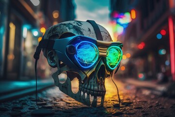 Poster - a cyberpunk human skull with an open jaw is seen here sporting a pair of green illuminated, blue and