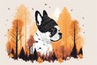 Cute French Bulldog donning a fox eared knitted hat in front of a hazy, orange, autumnal forest backdrop. Generative AI