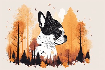 Sticker - Cute French Bulldog donning a fox eared knitted hat in front of a hazy, orange, autumnal forest backdrop. Generative AI