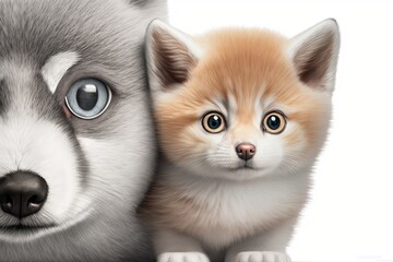 Poster - soft pomsky puppy and a british shorthair kitten cuddling up in the cutest way possible. intentional