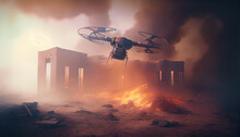 Drone Over Destroyed Post-apocalyptic City Background, Ai Generated