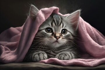 Poster - after a bath, this adorable gray tabby kitten looks hilarious as it grins and purrs while snuggled i