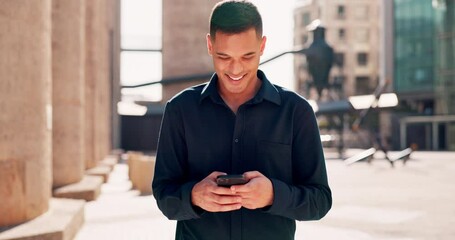 Poster - City, phone and man walking while typing message, email or post on internet with smile outside. Technology, 5g communication and networking, businessman online reading happy text or social media meme
