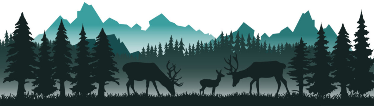 Fototapete - Black silhouette of fir trees and wild deer, landscape panorama illustration icon vector for forest wildlife adventure camping logo, isolated on white background