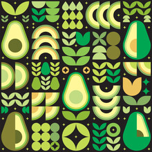 Abstract Artwork Of Avocado Pattern Icon. Vector Art, Illustration Of Cut Avocado Symbol, Seed, Flower, Leaf, And Geometric Shape. Fruits And Vegetables Simple Flat Modern Design, Black Background.