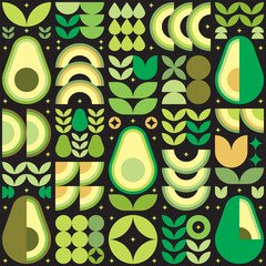 Wall Mural - Abstract artwork of avocado pattern icon. Vector art, illustration of cut avocado symbol, seed, flower, leaf, and geometric shape. Fruits and vegetables simple flat modern design, black background.