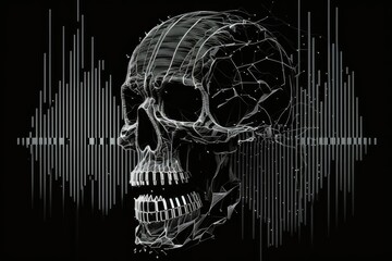 Wall Mural - White line on black backdrop, with a digital black and white glitch design of a disintegrating screaming skull from an oscilloscope. Generative AI