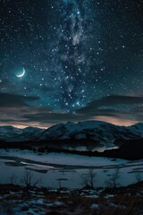 Wall Mural - starry skies and moon over mountains landscape at night, created using generative ai technology