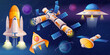 Vector cartoon different shuttles in cosmos and alien planets. Rocket, ufo spaceship and space station flying in night sky flat illustration. Fantasy cosmic objects, game graphic design elements.