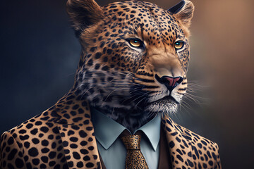 Wall Mural - Business-woman portrait with leopard head. Generative AI