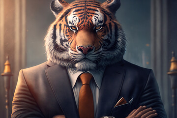 Portrait of a tiger in a stylish business suit. Generative AI