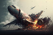 passenger plane caught fire in flight and crashes, concept art illustration 