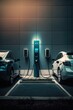 Two electric cars charging in charging station, created using generative ai technology