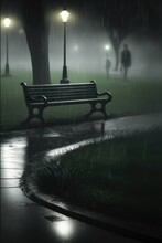 Bench In Park By Street Lamp On Dark Misty Rainy Night, Created Using Generative Ai Technology