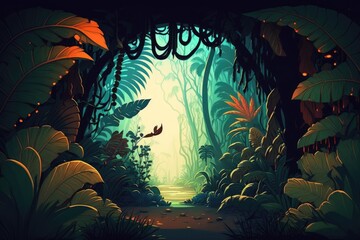 Canvas Print - Surrealistic hues populate a tropical jungle setting straight out of a fantasy novel. Mysterious sounding countryside serves as a concept backdrop. Generative AI