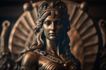 Bronze statue of the ancient queen. Beautiful woman of the ancient century. Created using ai